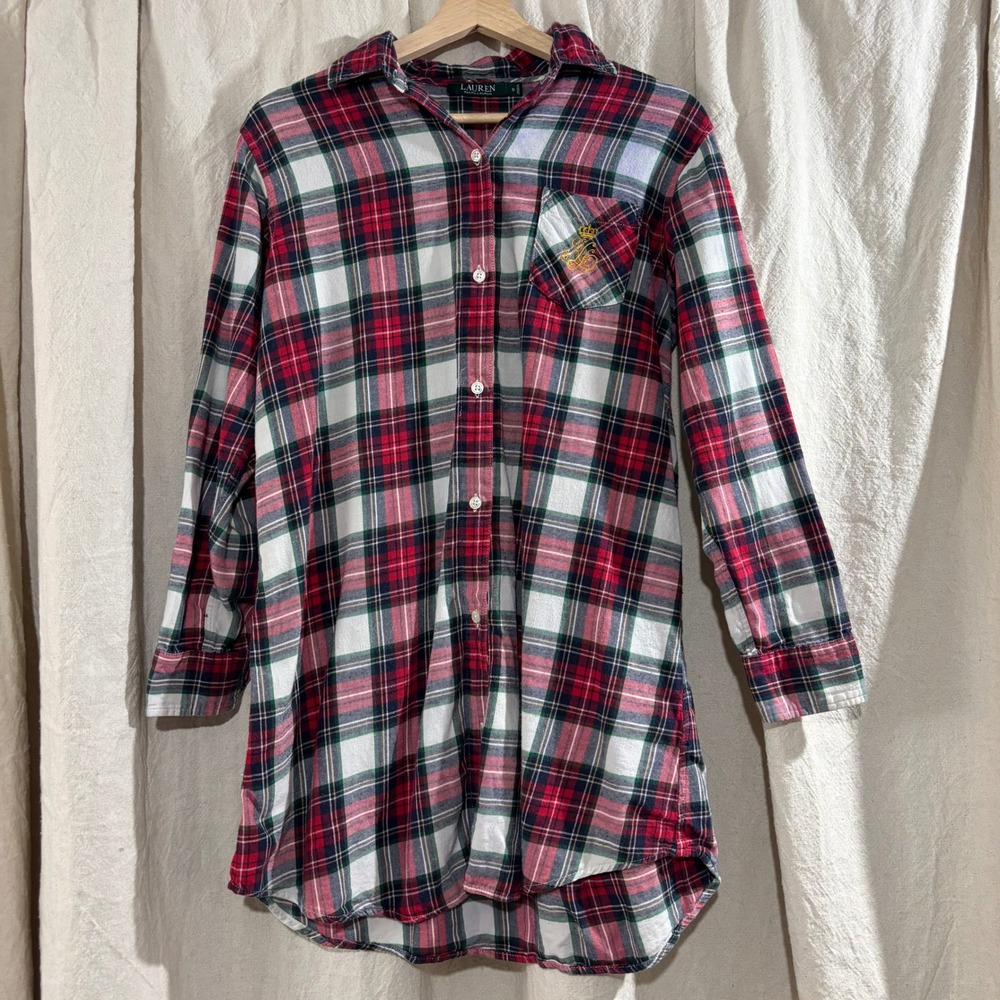 Lauren Ralph Lauren Womens Red Plaid‎ Flannel Sleep Shirt Nightshirt Small LRL